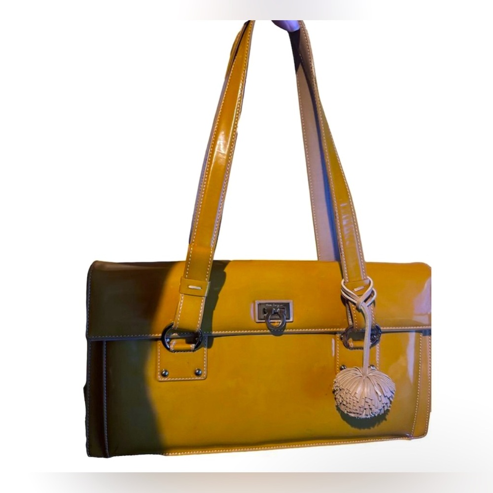 Salvatore Ferragamo Yellow Patent Leather Shoulder Bag Tassel Accent